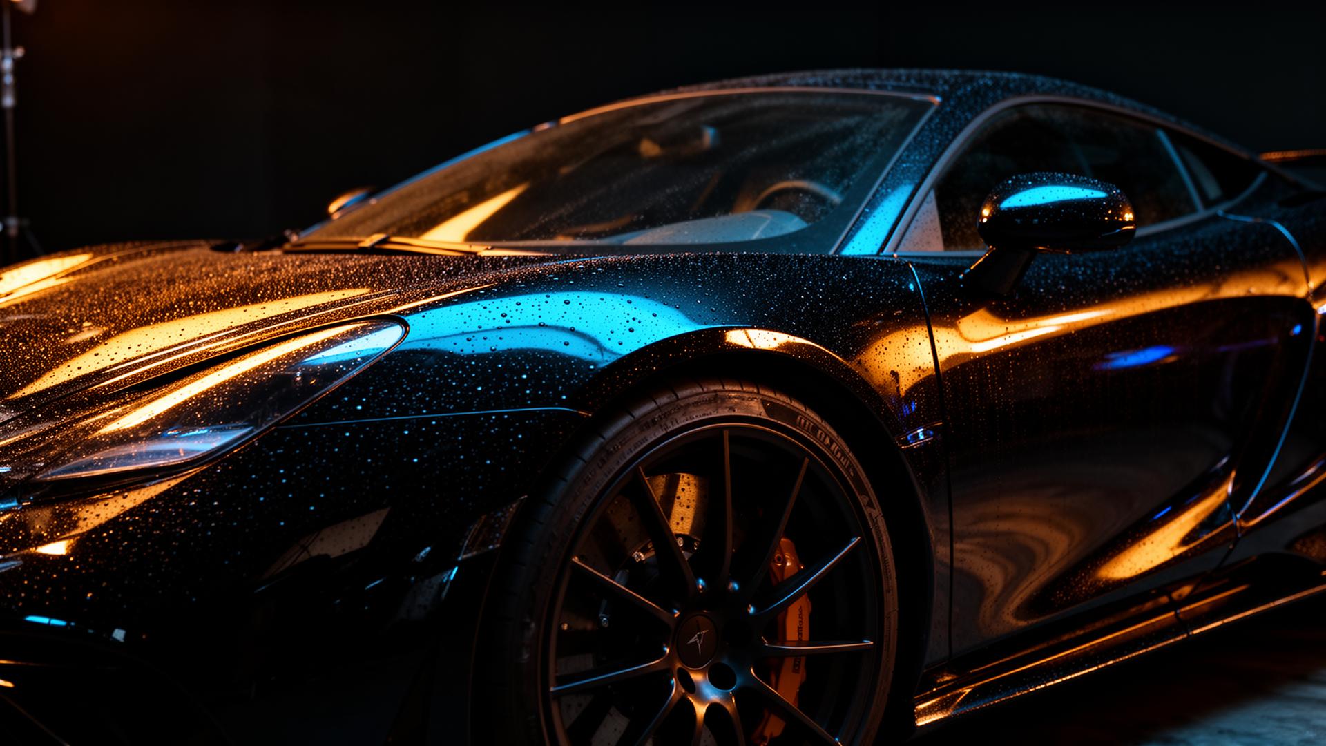 Glossy black sports car under dramatic lighting